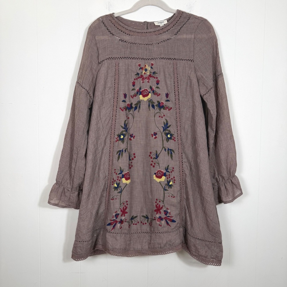 Umgee Boho Floral Embroidered Mini Dress Mocha Brown Lace Long Sleeve Medium